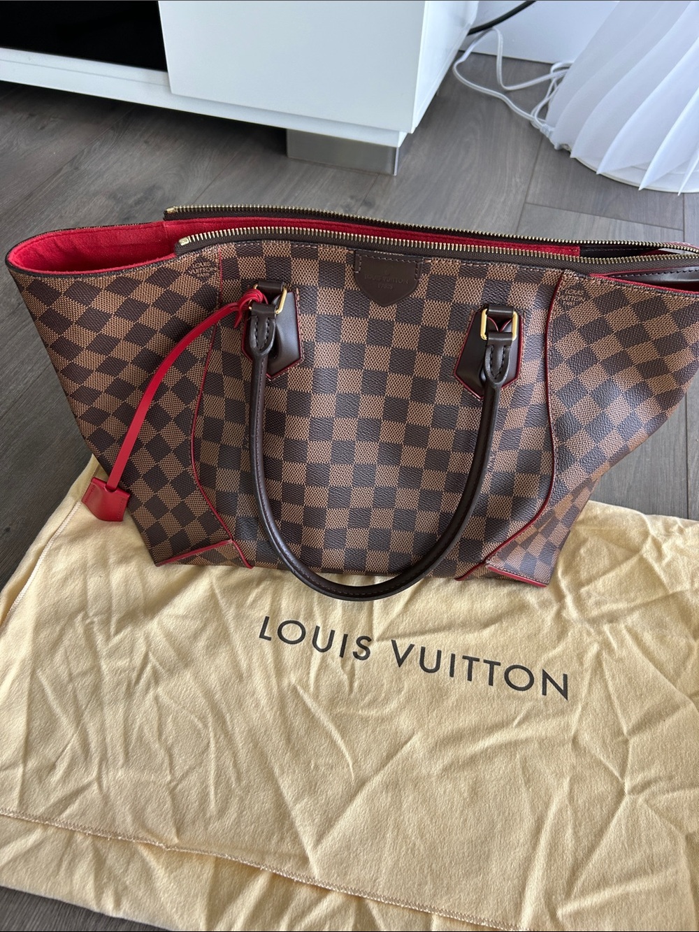 Louis Vuitton Brown Damier Caissa Tote MM with Red Trim